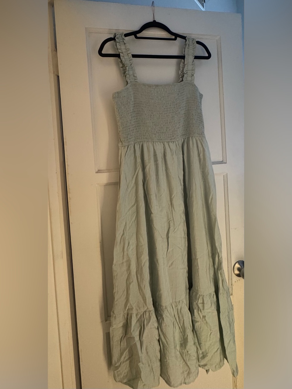 Smocked Bodice Ruffle Strap Dress - Light Sage Green